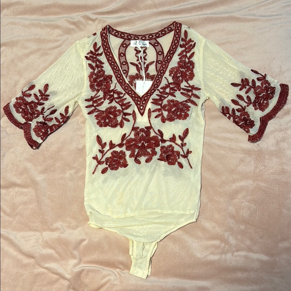 OOH LA LUXE EMBROIDERED BODY SUIT WITH FLORAL DESIGN